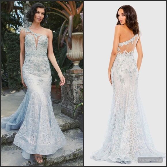 MAC DUGGAL 79264 Blue Embroidered Applique Feathered One Shoulder Trumpet Gown - Picture 1 of 16